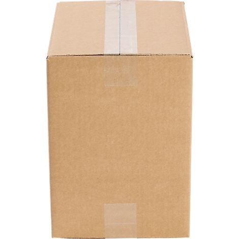 Caja de cartón marrón con cinta adhesiva blanca en la parte superior.