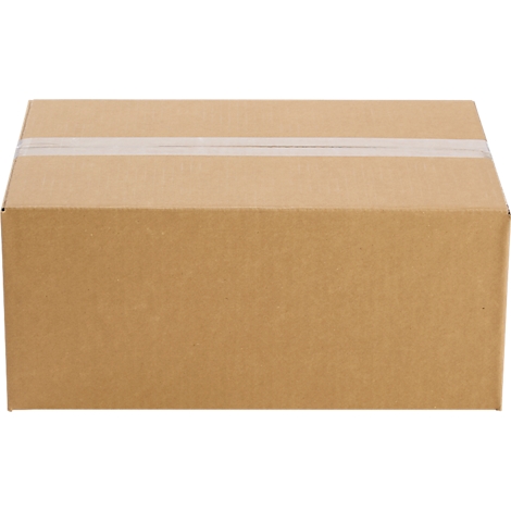 Caja de cartón marrón, sellada con cinta adhesiva.