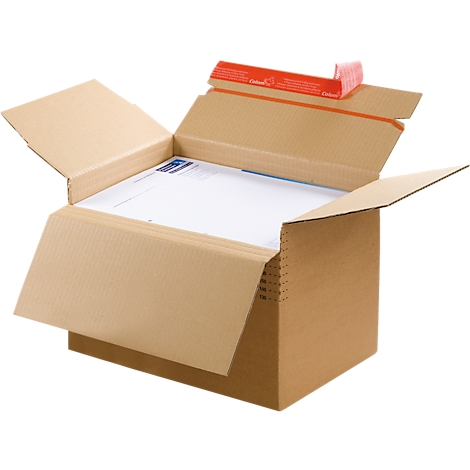 Caja de envío marrón abierta con papel y una solapa de cierre roja.