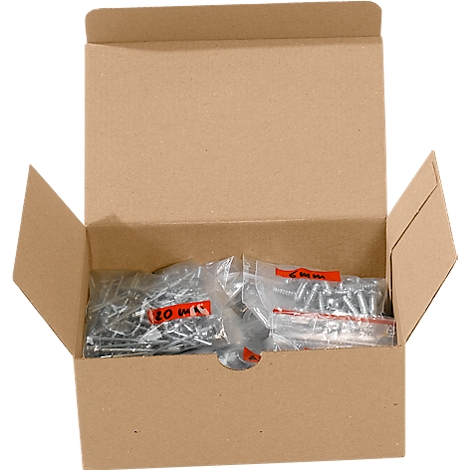 Caja de cartón abierta con bolsas de tornillos. Las bolsas tienen etiquetas rojas con texto.