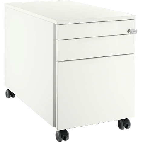 Contenedor rodante blanco con tres cajones y cerradura. Sobre ruedas pequeñas.
