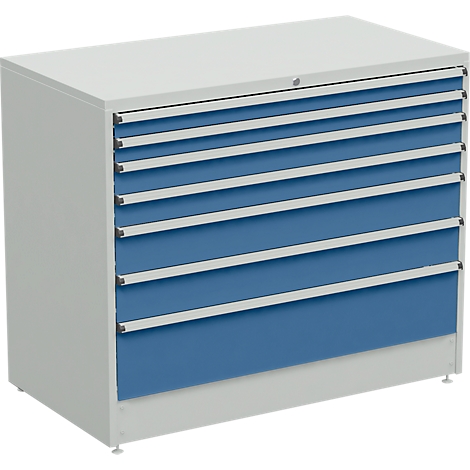 Caja de herramientas azul y gris con varios cajones.