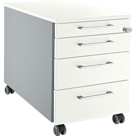 Cajonera blanca con cuatro cajones y tiradores plateados. Un cajón está cerrado con llave.
