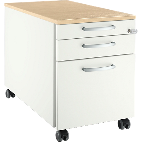 Cajonera móvil Schäfer Shop Select 126, 1 cajón para utensilios, 1 cajón para carpetas colgantes, 1 cajón, tirador redondo, An 435 x Pr 765 x Al 577 mm, color blanco/arce