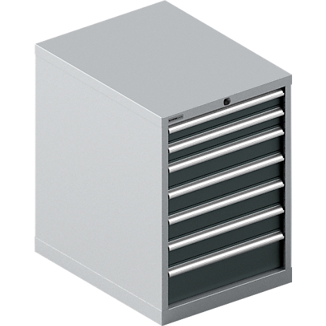 Caja de herramientas gris con seis cajones. Manijas de metal, cajones oscuros, cuerpo gris claro.