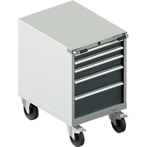 Caja de herramientas rodante plateada con cajones y ruedas negros.