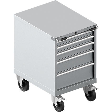 Caja de herramientas gris con cuatro cajones sobre ruedas. Tiradores en los cajones y en la parte superior.