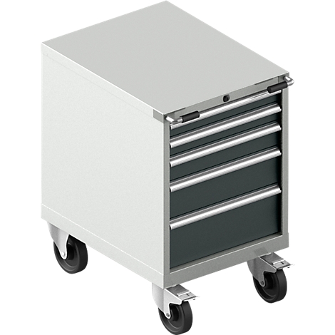 Caja de herramientas gris sobre ruedas, con cajones y asas.