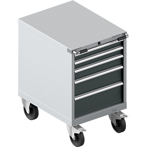 Una caja de herramientas gris con cuatro cajones sobre ruedas.
