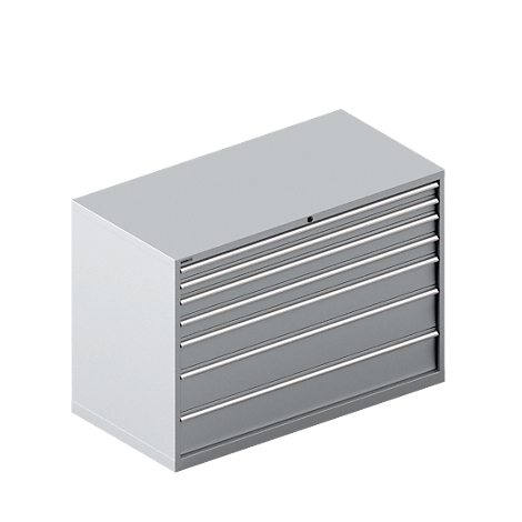 Caja de herramientas gris con cajones, en una perspectiva ligeramente inclinada. Cuerpo blanco, cajones grises con asas plateadas.
