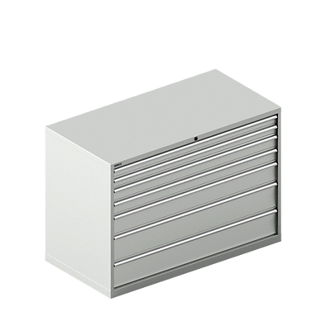 Caja de herramientas gris con siete cajones, en vista oblicua. Sobre un fondo blanco.