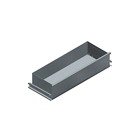 Cajón gris con paredes laterales inclinadas, mostrado sobre un fondo claro.