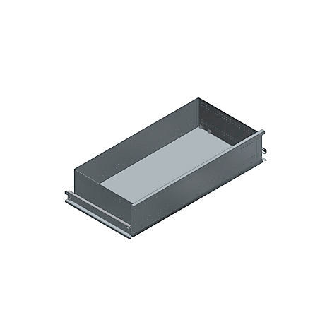 Cajón de metal rectangular gris, visto en diagonal desde arriba. Interior más claro, exterior más oscuro. Sin contenido.