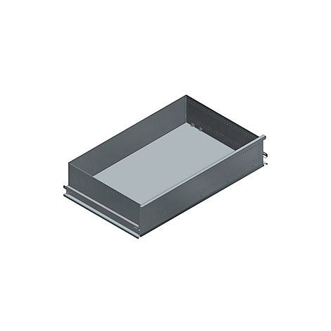 Cajón gris con un diseño angular, fotografiado ligeramente desde arriba.