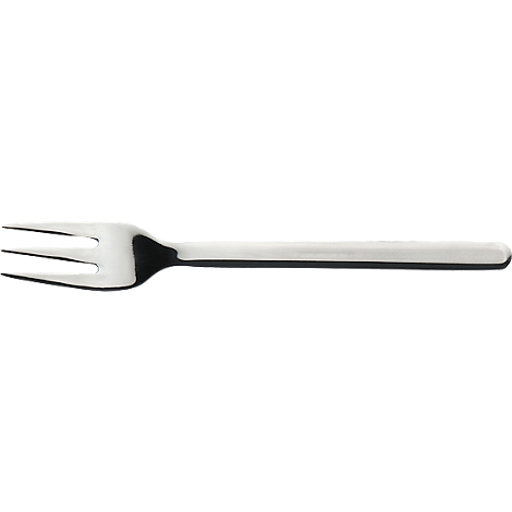 Close-up of a polished, three-tined metal fork with a slightly curved handle.