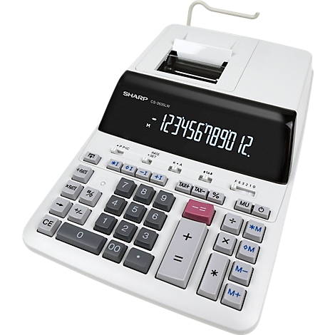 Calculadora blanca con pantalla y teclado. Números y signos aritméticos impresos.