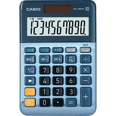 Une calculatrice Casio bleue avec des boutons noirs. L'écran affiche '1234567890.'.