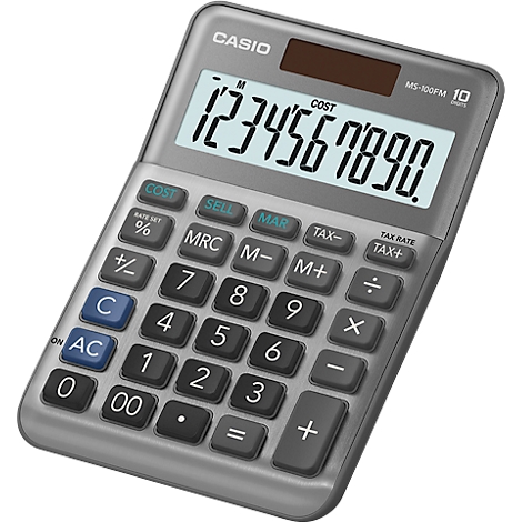 Calculatrice grise avec écran affichant les chiffres 1234567890. Touches noires avec inscriptions.