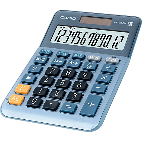 Calculatrice bleu-gris avec un écran, des boutons et affichant le chiffre 1234567890.12.