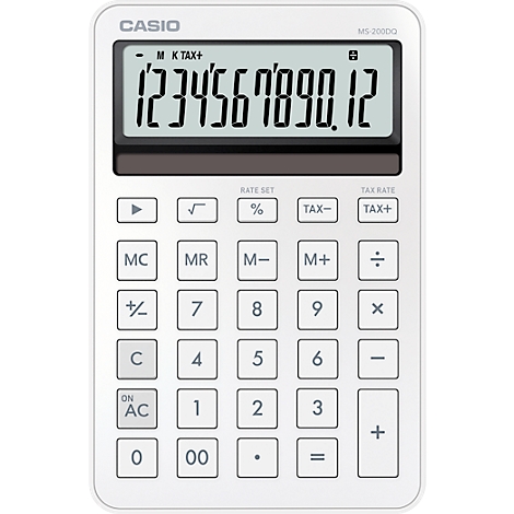 Calculatrice blanche avec écran affichant le nombre 1234567890,12. En dessous, de nombreux boutons.