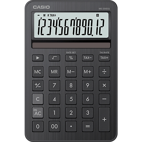 Calculatrice gris foncé avec un écran affichant les chiffres 1234567890.12. Les touches numériques et les fonctions sont étiquetées.