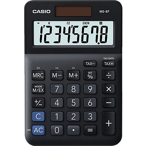 Calculatrice noire avec écran, boutons et affichage 1234567.8. Inscriptions: CASIO, MS-8F.
