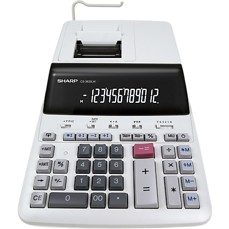 Une calculatrice blanche avec écran et touches, affichant le nombre 123456789012. La calculatrice a une fonction d'impression.