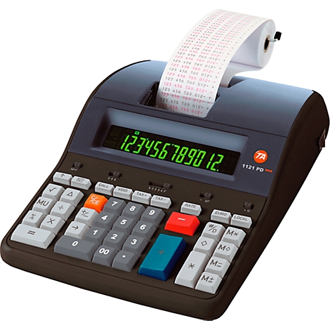 Calculatrice gris foncé avec affichage vert et papier imprimé.