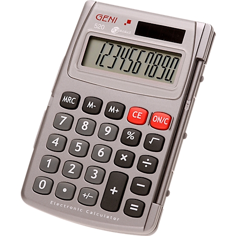 Calculatrice grise affichant les chiffres 1 à 9. Bouton rouge CE/ON. Inscription GENI 520.