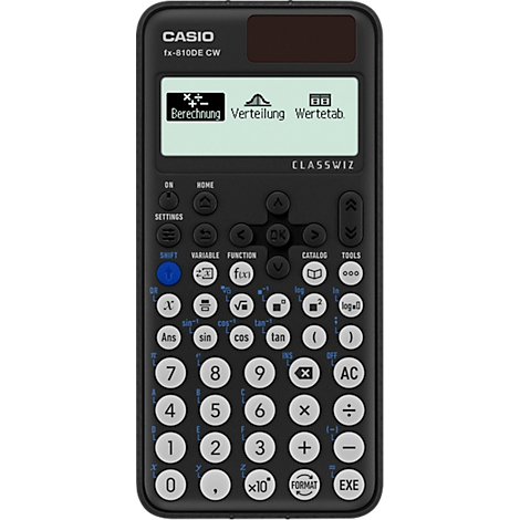 Une calculatrice Casio noire avec un écran, des boutons et un panneau solaire. L'écran affiche des fonctions telles que calcul, distribution et tableau de valeurs.