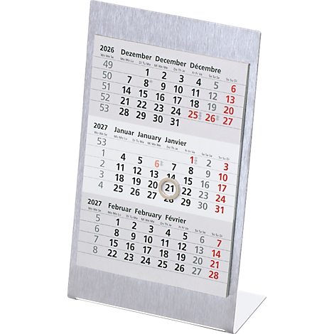 Calendrier affichant les mois de 2026 et 2027 avec la date en surbrillance. Y compris le cadre métallique.