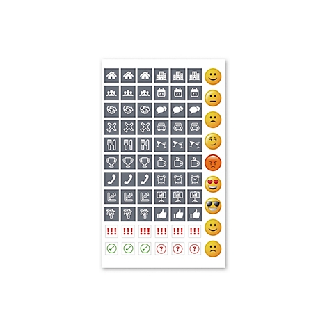 Feuille d'autocollants avec des autocollants d'emojis et de symboles. Y compris des maisons, des personnes, des calendriers, des bulles de dialogue, des voitures, des trophées, des téléphones, des graphiques, des pouces levés et des points d'excla...
