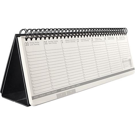 Un calendrier de bureau blanc avec une reliure à spirale noire. Ouvert sur une page hebdomadaire avec des dates, des divisions horaires et le mois indiqué.