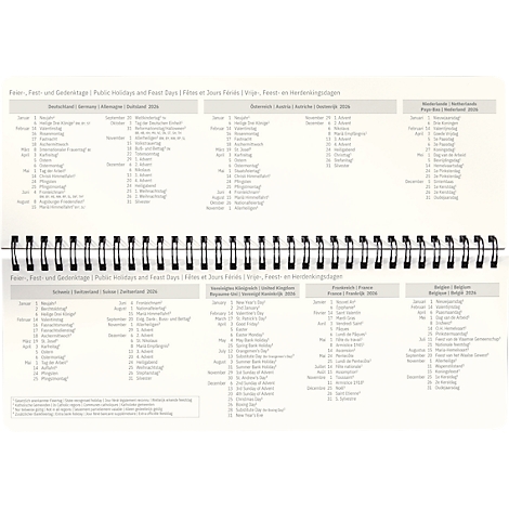 Page de calendrier ouverte avec des aperçus des jours fériés pour différents pays. Texte en anglais, allemand, français et néerlandais.
