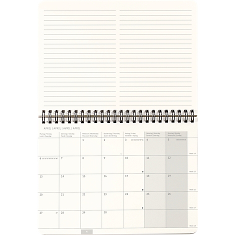 Calendrier ouvert montrant le mois d'avril. Bloc-notes ligné en haut, aperçu mensuel en bas.