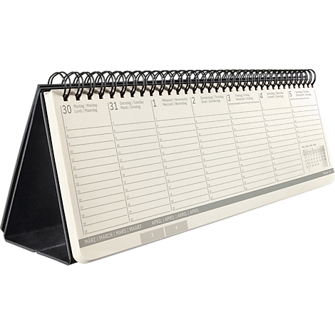 Un calendrier de bureau noir avec reliure spirale affiche les jours de la semaine, les chiffres et des lignes pour écrire.