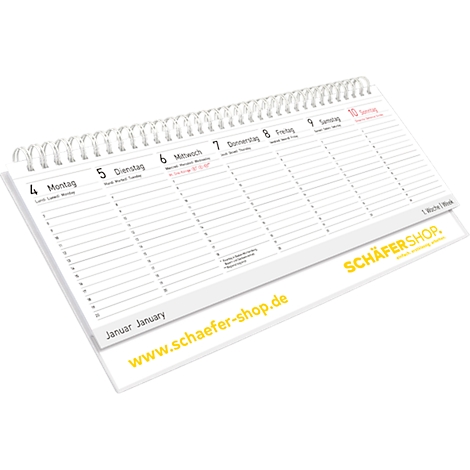 Calendrier hebdomadaire blanc avec reliure spirale. Les jours de la semaine sont indiqués en haut. En bas, l'inscription : www.schaefer-shop.de.