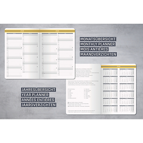 Un carnet ouvert affichant des aperçus mensuels et annuels. Il montre des pages de calendrier dans différentes langues et formats.