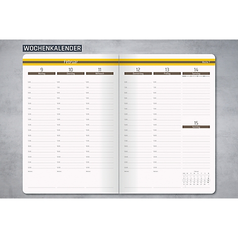Calendrier hebdomadaire ouvert avec les dates du 9 au 15 février. À gauche : lundi, mardi, mercredi, avec divisions horaires. À droite : jeudi, vendredi, dimanche, également avec divisions horaires.