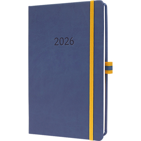 Carnet bleu avec élastique jaune et l'estampage '2026'.