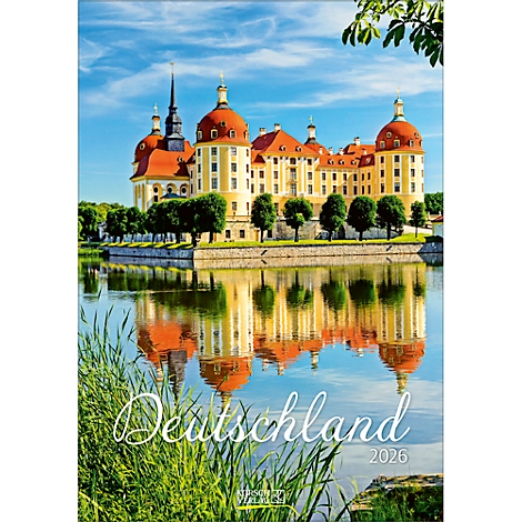 Calendrier avec le château de Moritzburg, Allemagne, 2026, reflet dans l'eau.