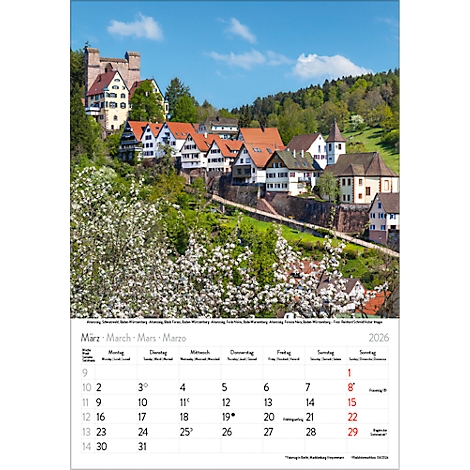 Un calendrier présentant une ville pittoresque avec des maisons à colombages et un château. Le ciel bleu et les arbres en fleurs rehaussent l'atmosphère.