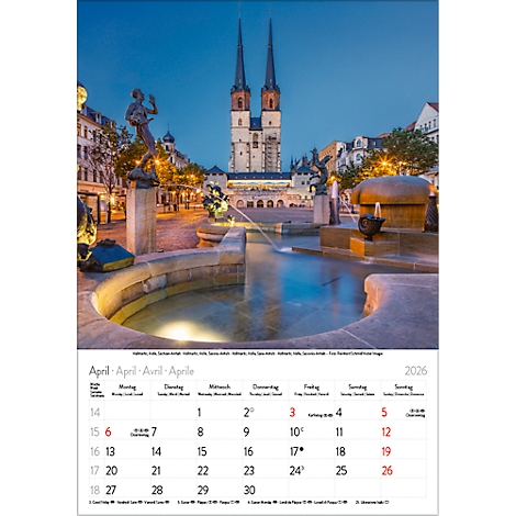 Un calendrier affiche avril 2026, avec une photo de la cathédrale Saint-Martin de Mayence et une fontaine.