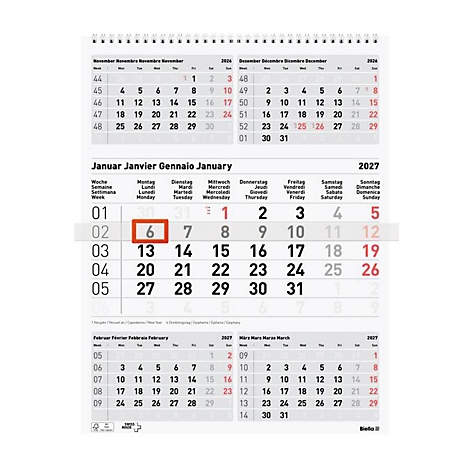 Vue détaillée d'un calendrier mural 2027 montrant janvier avec la date du 6 en surbrillance.