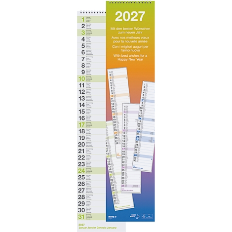 Calendrier vertical 2027 avec colonnes de mois et dates. Texte : Meilleurs vœux pour une joyeuse année.