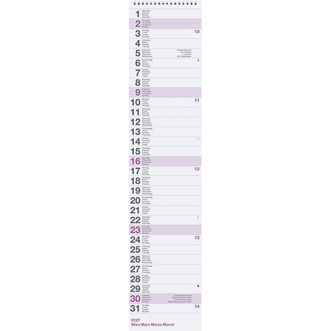 Un calendrier vertical avec des champs de jours mis en évidence en violet, de 1 à 31. Le nom du mois n'est pas reconnaissable.