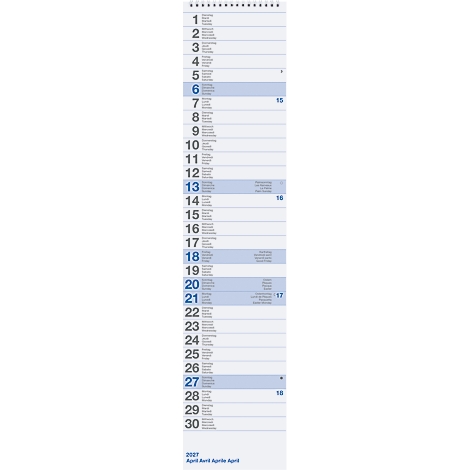 Calendrier mensuel d'avril. Accents bleus, numéros de 1 à 30 en colonne. Texte à peine lisible.