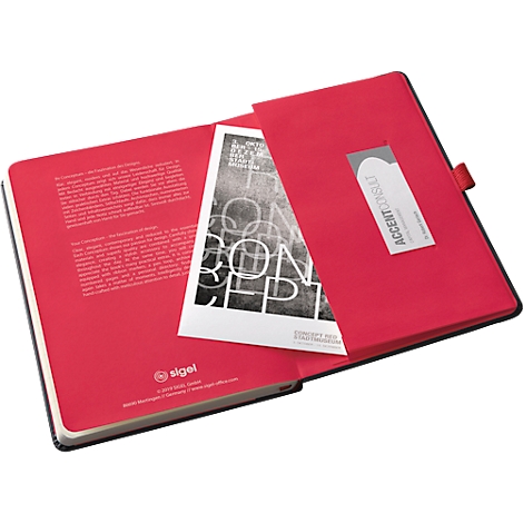 Carnet rouge ouvert avec papier et carte de visite. Bords noirs, ruban rouge.