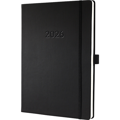 Carnet noir avec rainures verticales et l'estampage '2026'. Une bordure de page blanche et un signet noir sont visibles.