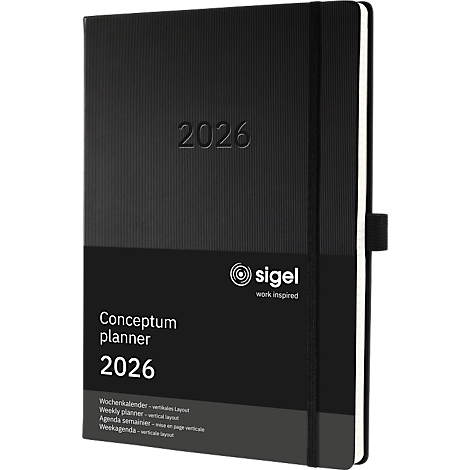 Agenda Conceptum noire 2026 avec lignes en relief, élastique noir et étiquette.